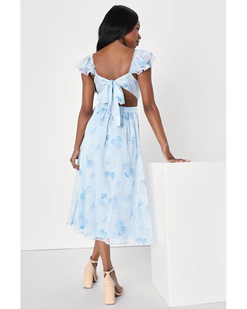 Lulus Blue Loveliest Darling Floral Ruffled Tie-Back Midi Dress
