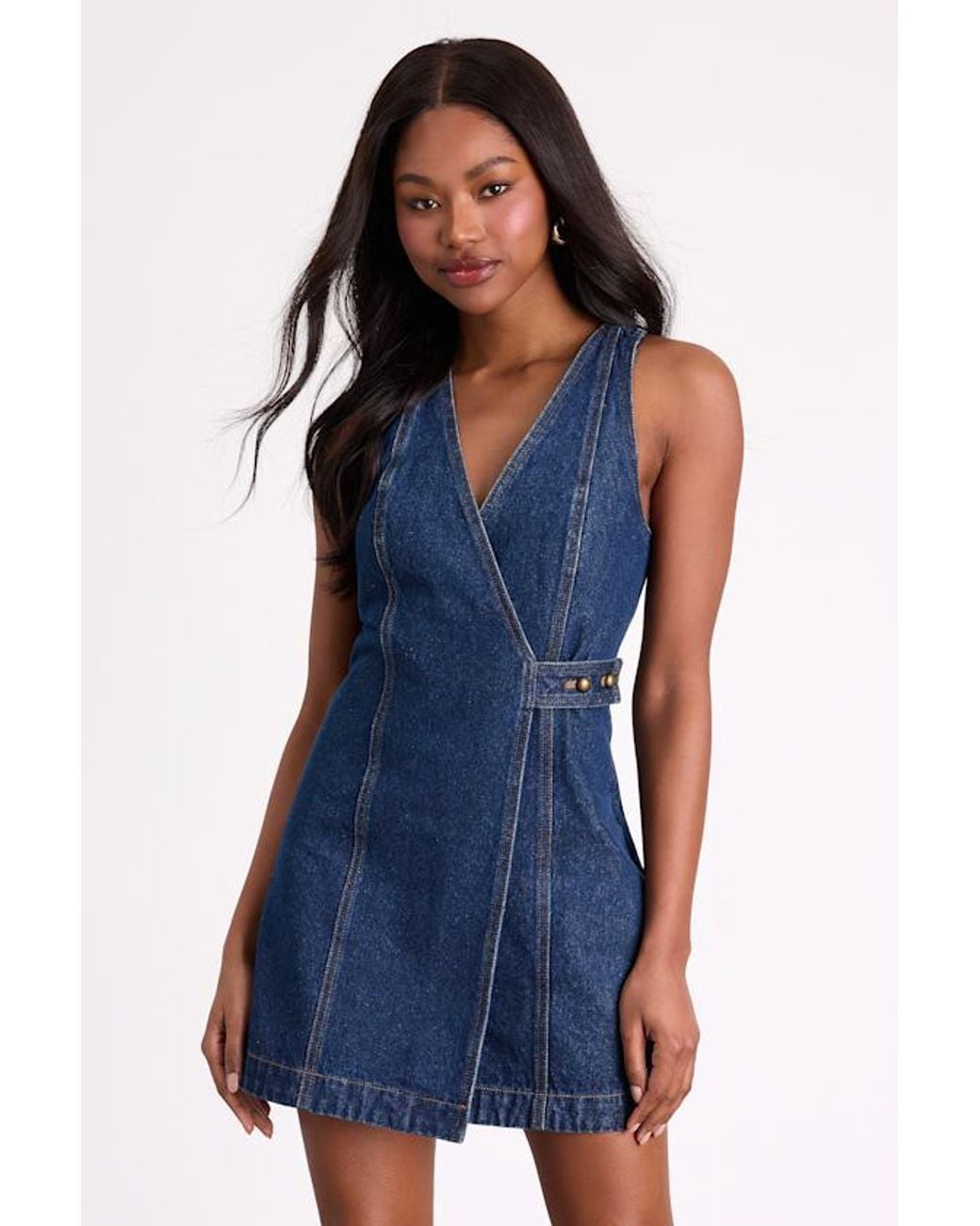 Lulus Blue Didi Dark Wash Denim Wrap Mini Dress