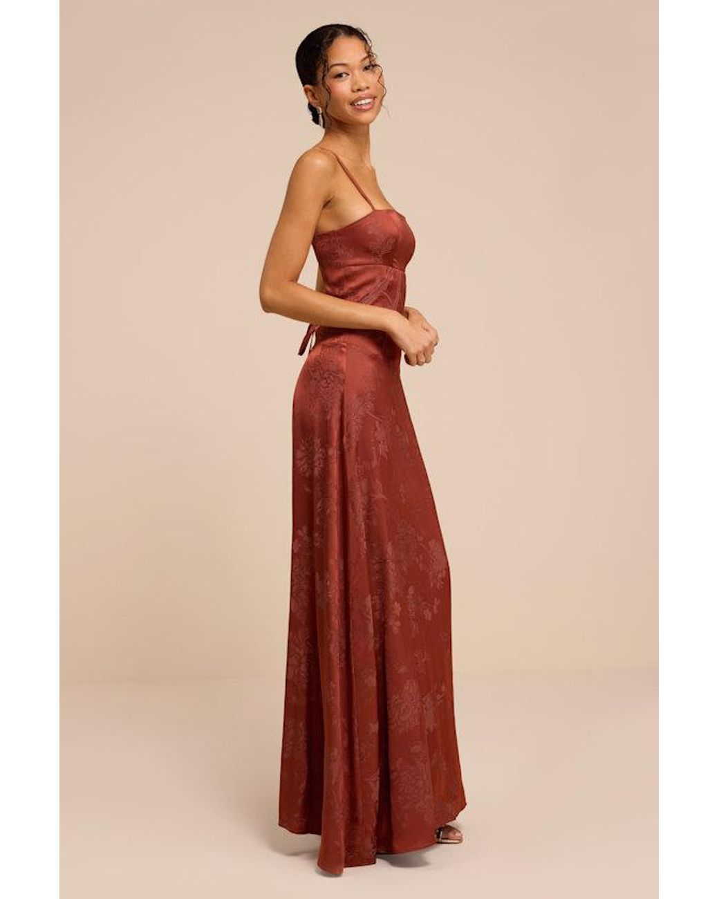 Lulus Red Elin Rust Floral Jacquard Lace-Up Maxi Dress