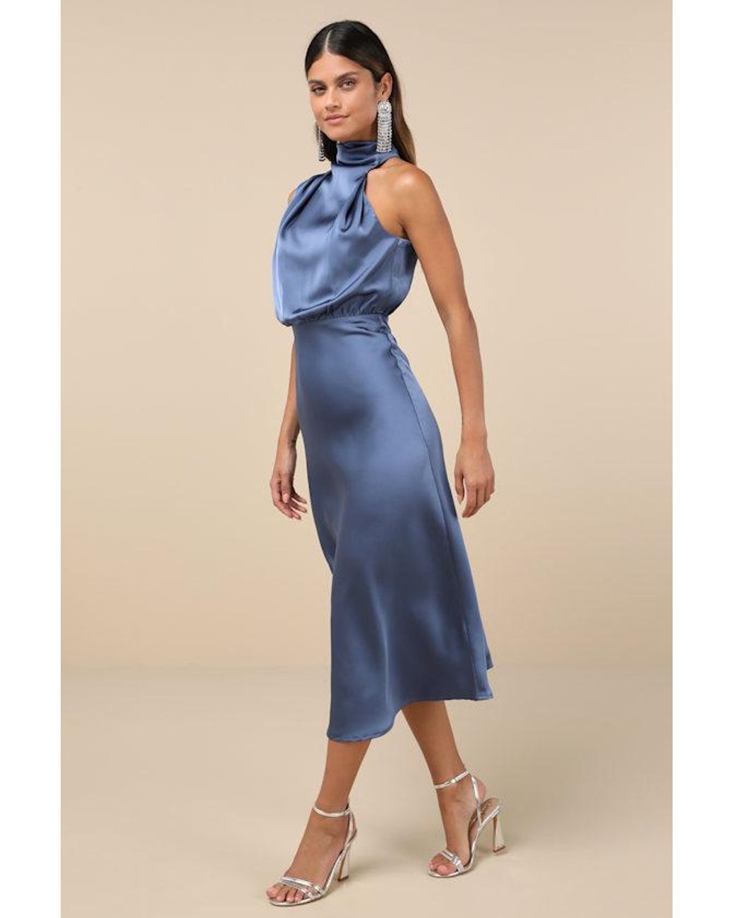Lulus Blue Distinctive Charm Satin Asymmetrical Midi Dress