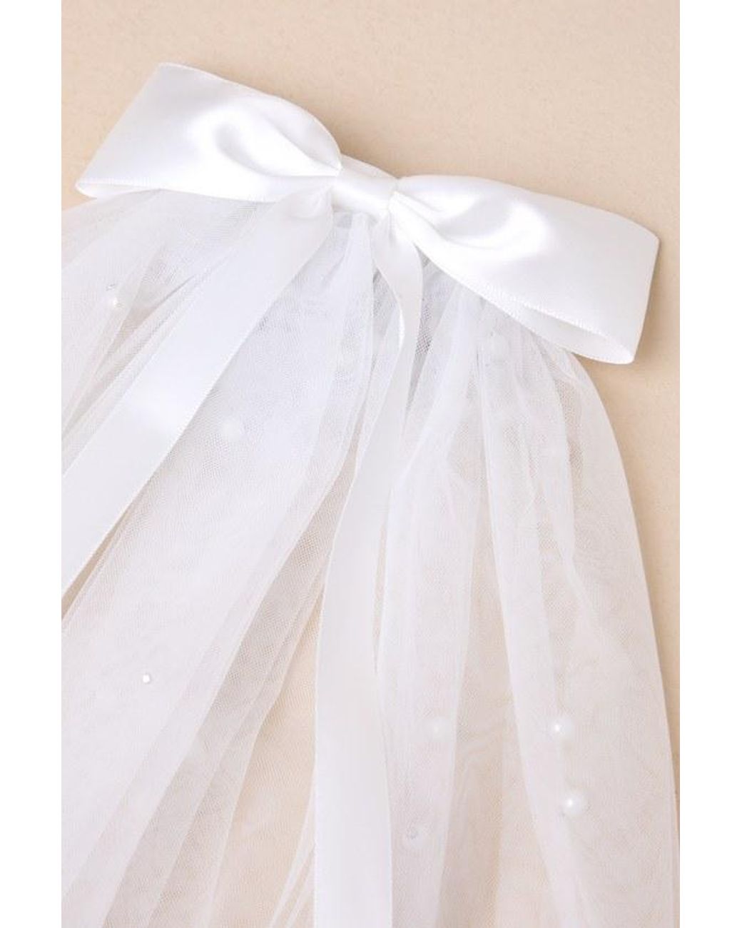Lulus White Beautiful Promise Satin Bow Pearl Mesh Veil
