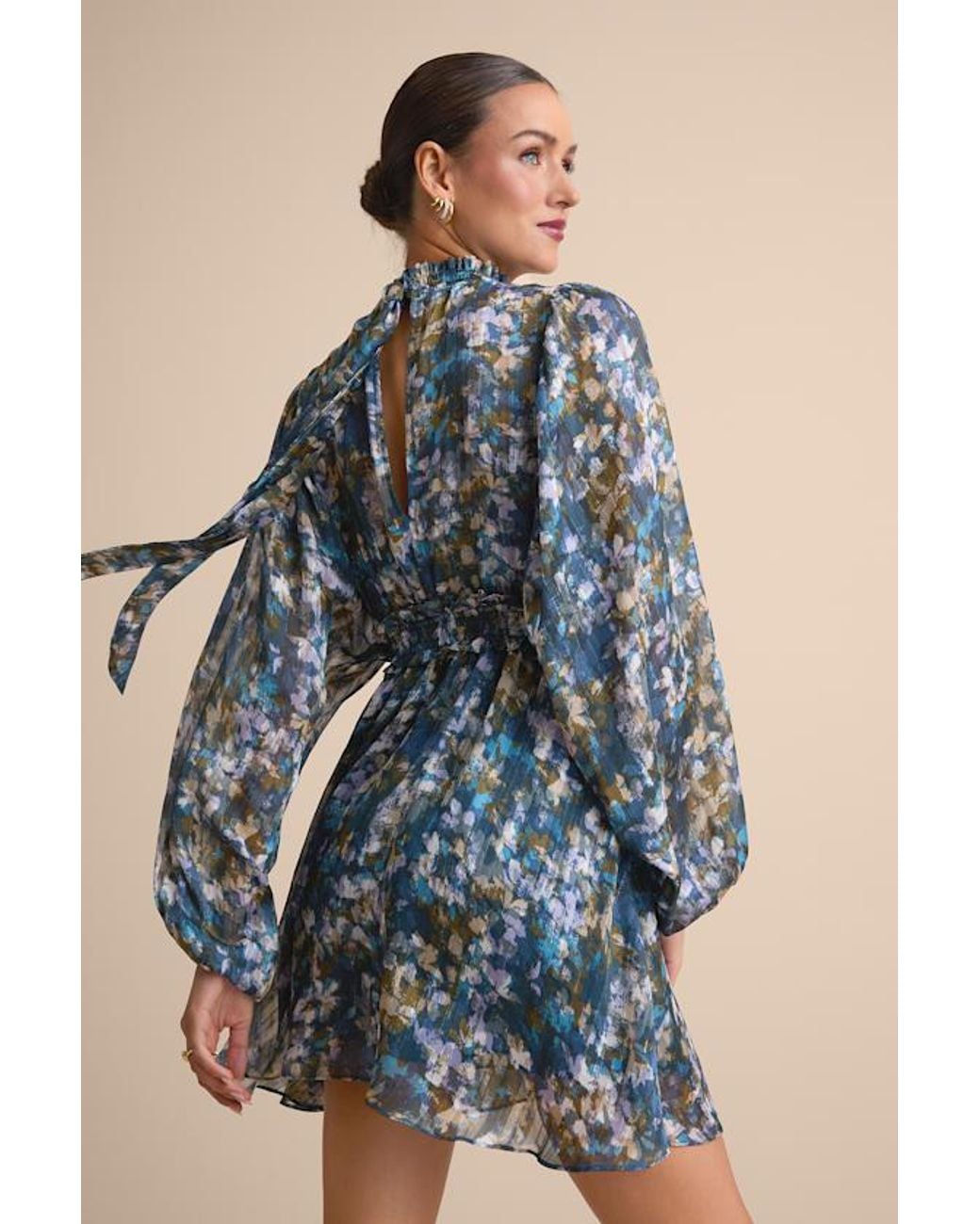 Lulus Blue Andie Multi Abstract Floral Mock Neck Mini Dress
