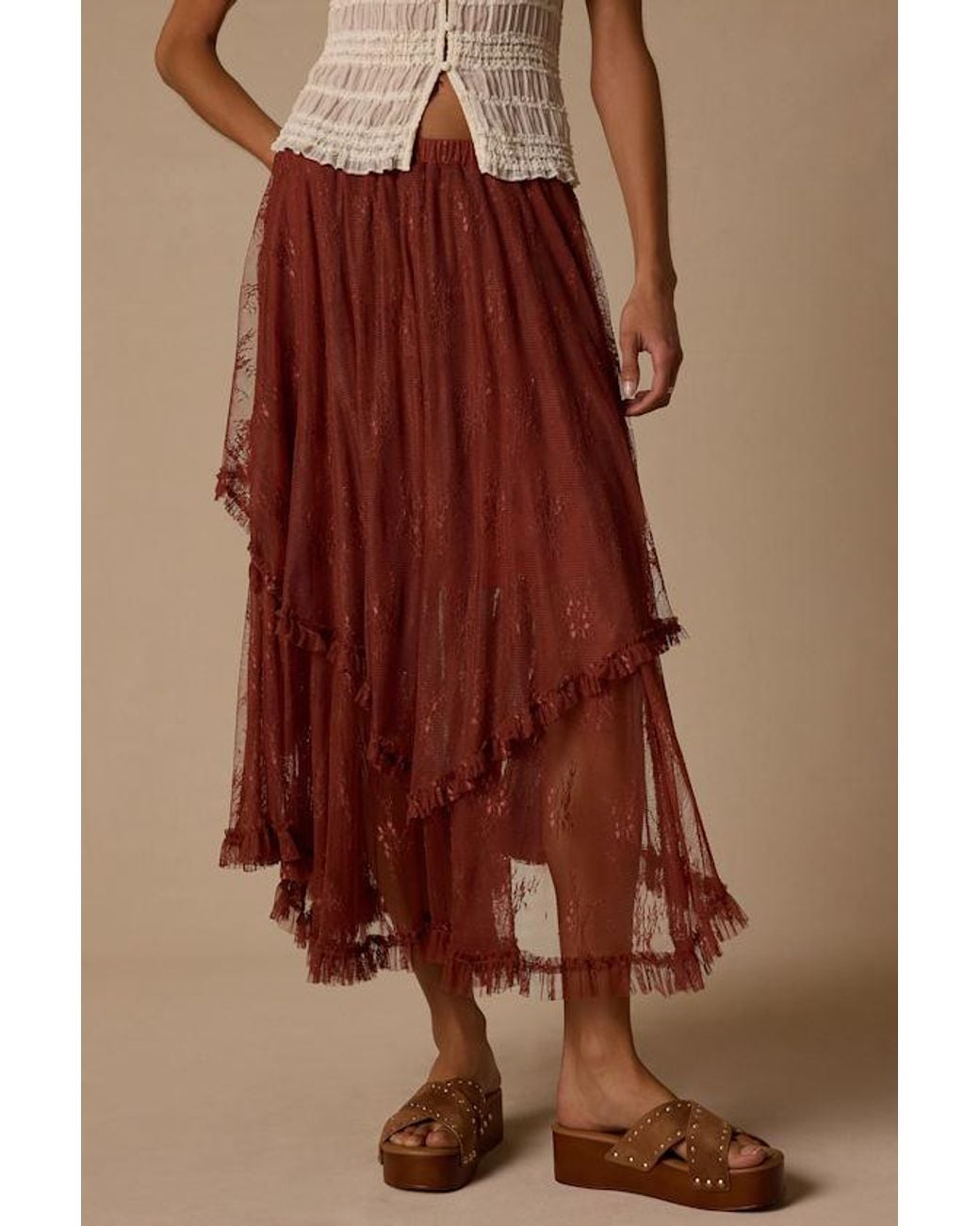 Lulus Brown Briony Lace Ruffled Midi Skirt