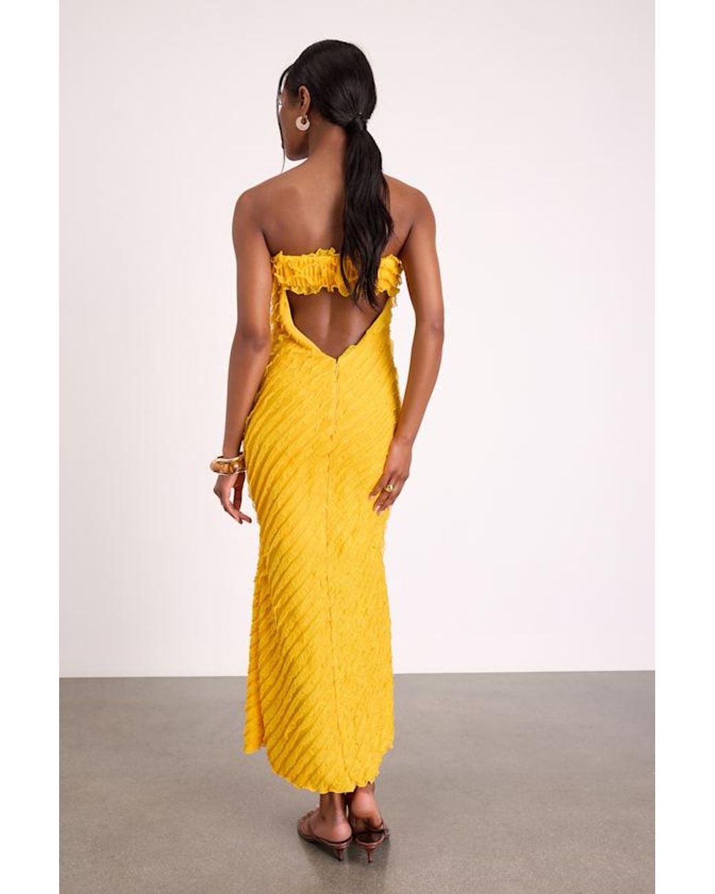 Lulus Yellow Faelyn Strapless Ruffled Midi Dress