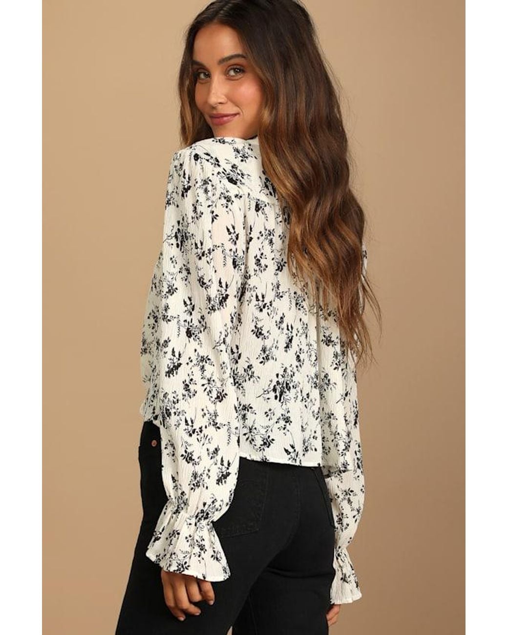 Lulus Natural Keep Things Classy Floral Print Button-Up Long Sleeve Top