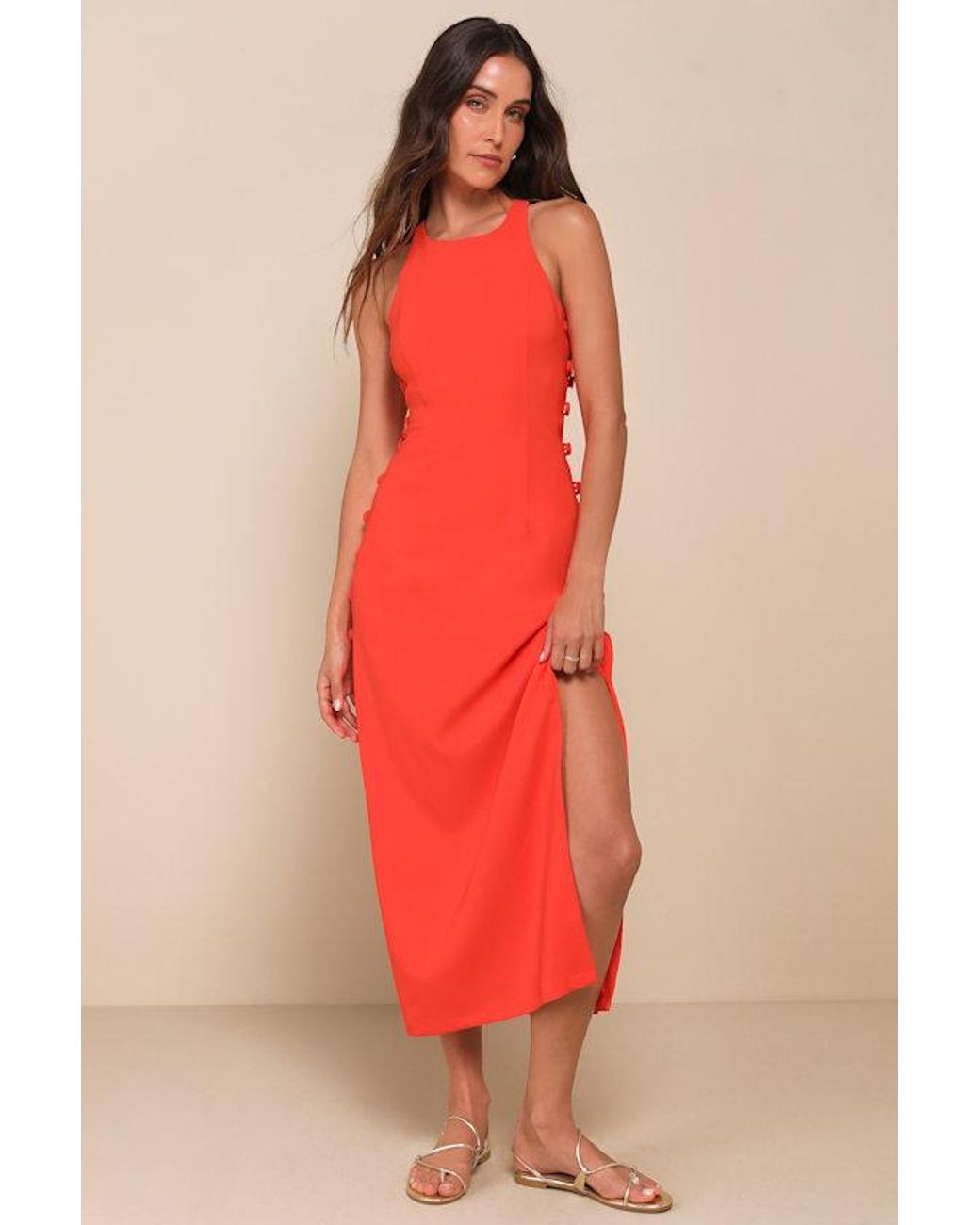 Lulus Red Masterfully Mod Bright Side Button Midi Dress
