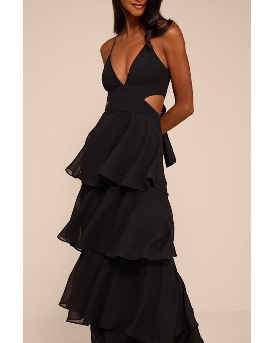 Lulus Black Tier And Now Tie-Back Tiered Maxi Dress