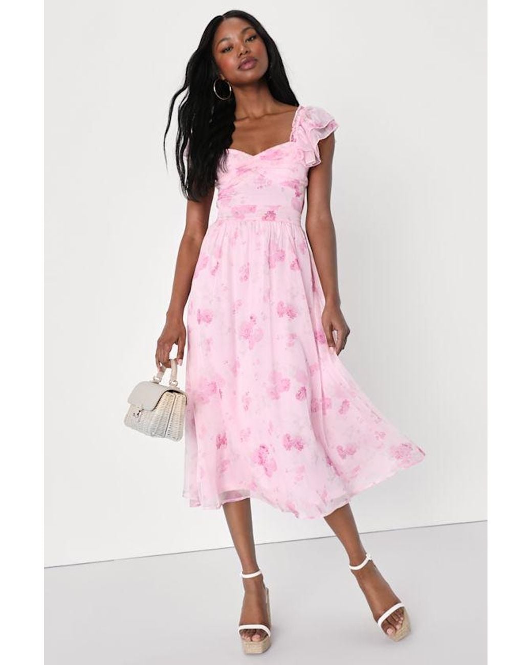 Lulus Pink Loveliest Darling Floral Ruffled Tie-Back Midi Dress