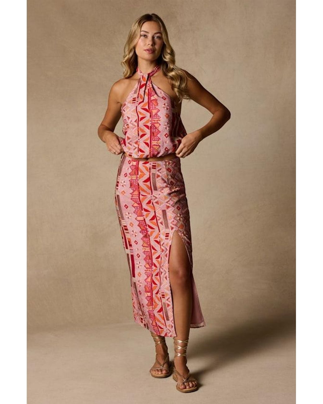 Lulus Natural Lindley Multi Boho Print Midi Skirt