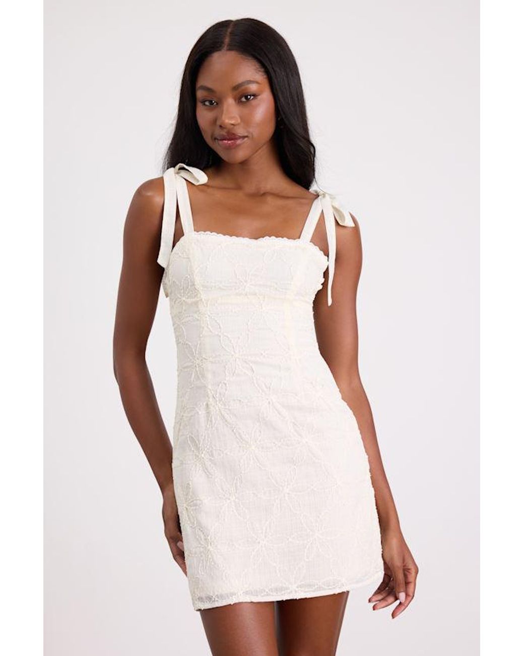 Lulus Natural Mizuki Cream Embroidered Tie-Strap Mini Dress