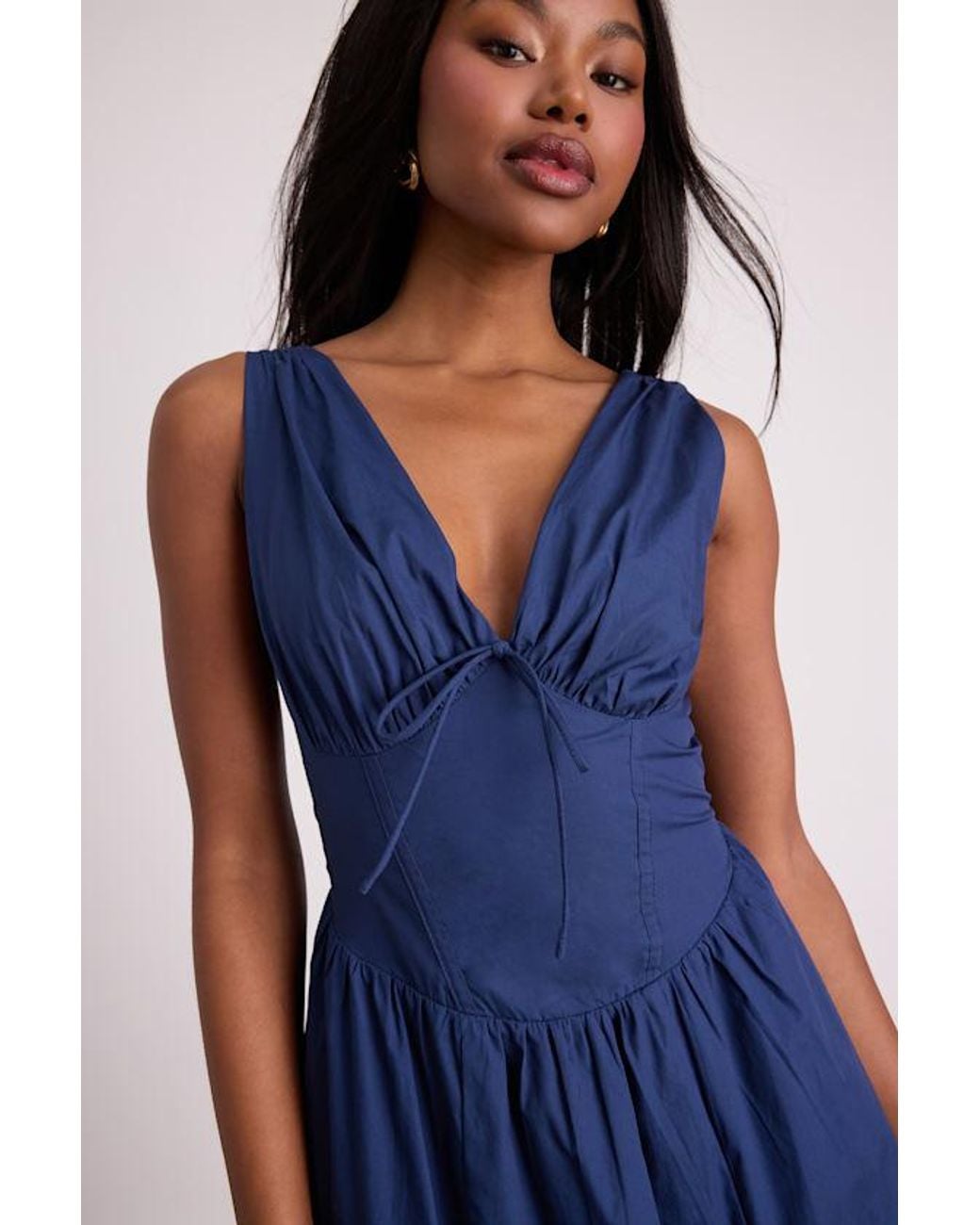 Lulus Blue Lettie Poplin Plunge Neck Midi Dress