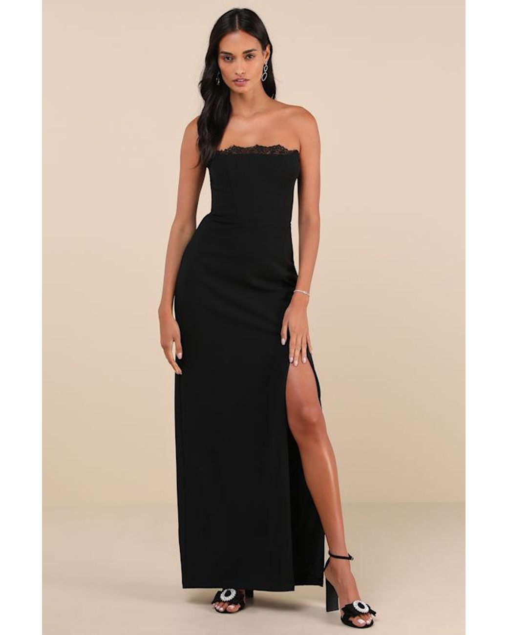 Lulus Black Memorably Iconic Strapless Lace Bustier Maxi Dress