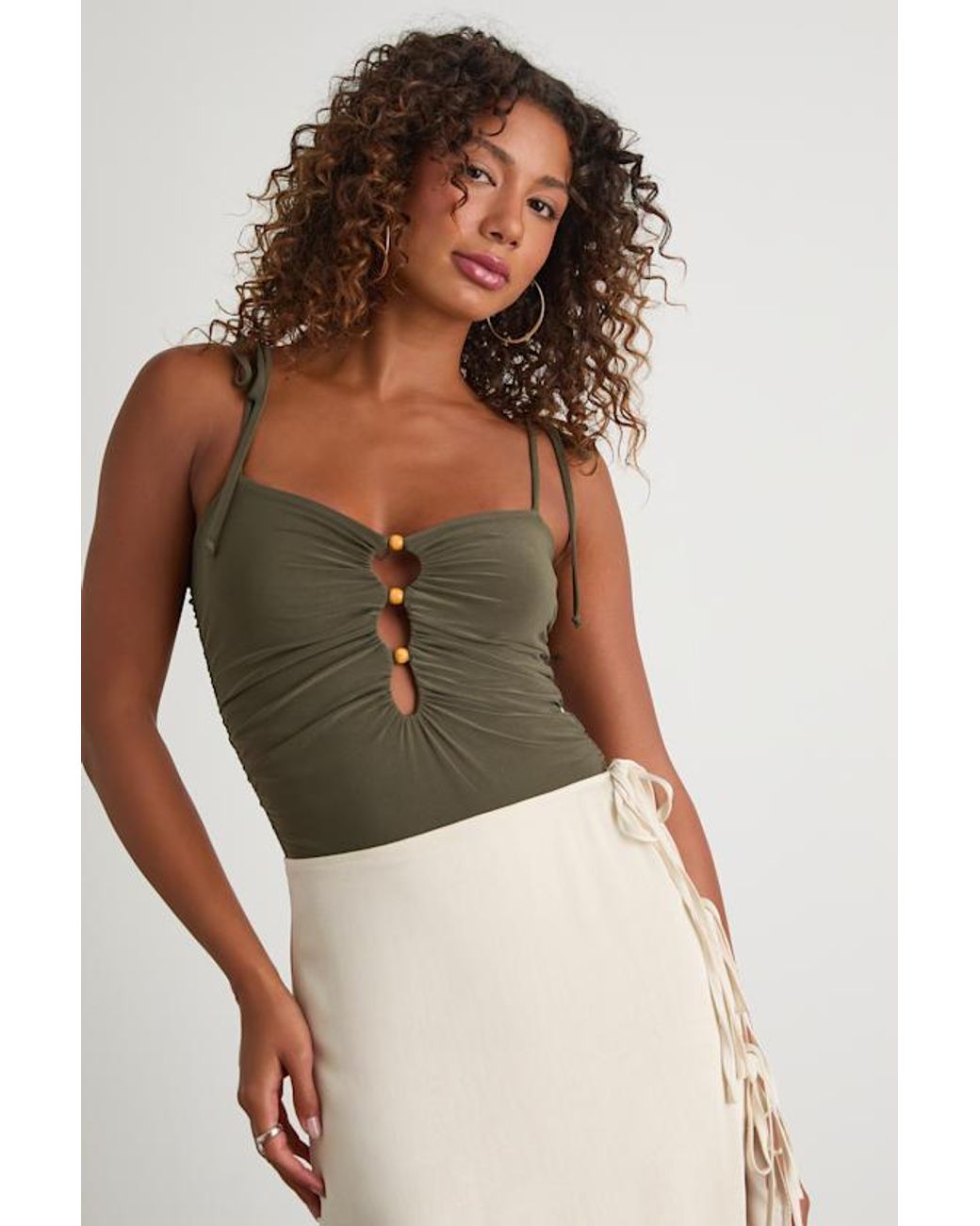 Lulus Green Zaynah Tie-Strap Cutout Bodysuit