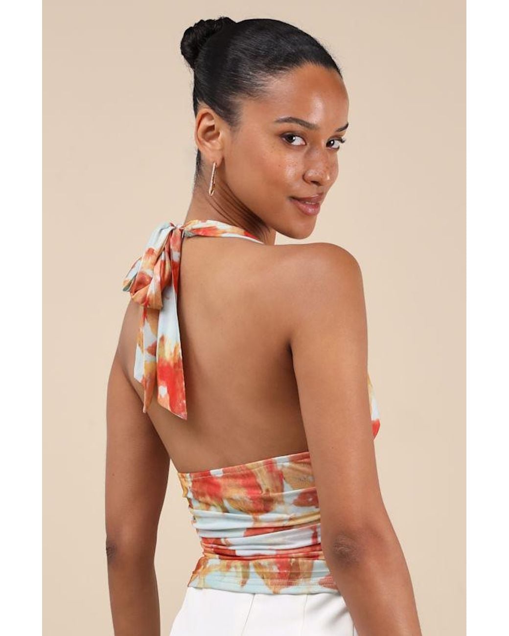 Lulus Orange Ayaka And Abstract Mesh Halter Top