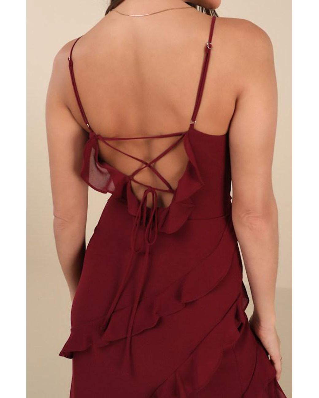 Lulus Red Fancy Sweetness Ruffled Lace-Up Sleeveless Maxi Dress