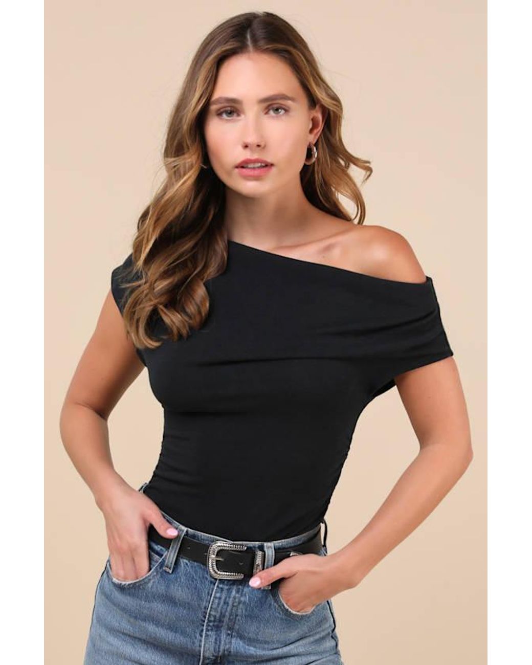 Lulus Black Expert Poise Ruched One-Shoulder Top