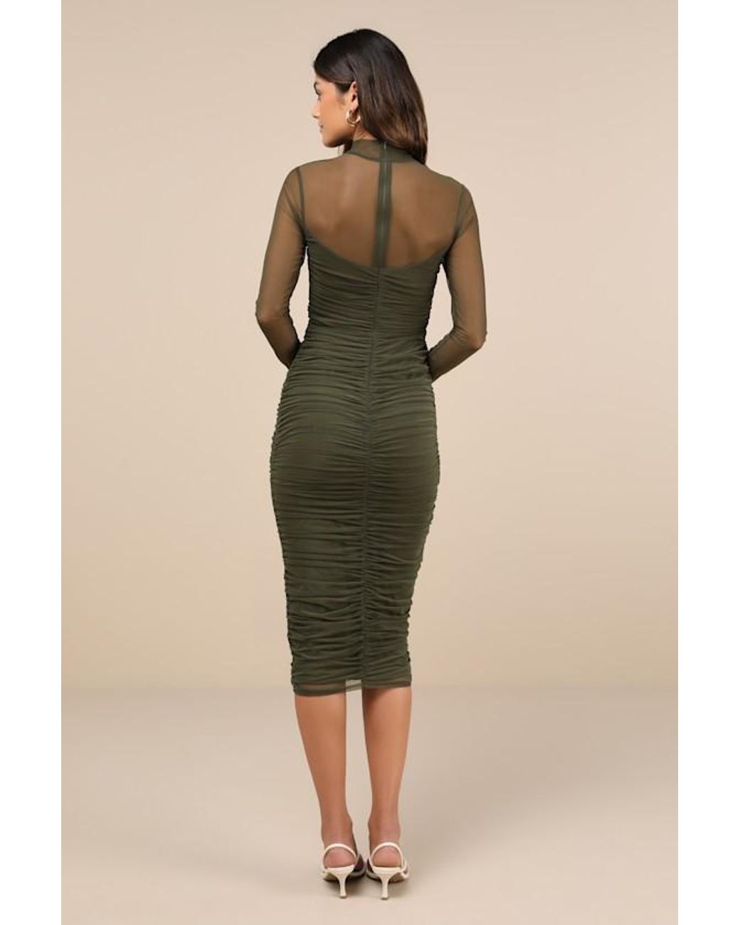 impressive flirt olive green mesh ruched mock neck midi dress Move Maker Cut-Out Ruched Midi Dress Green/Black main image 1