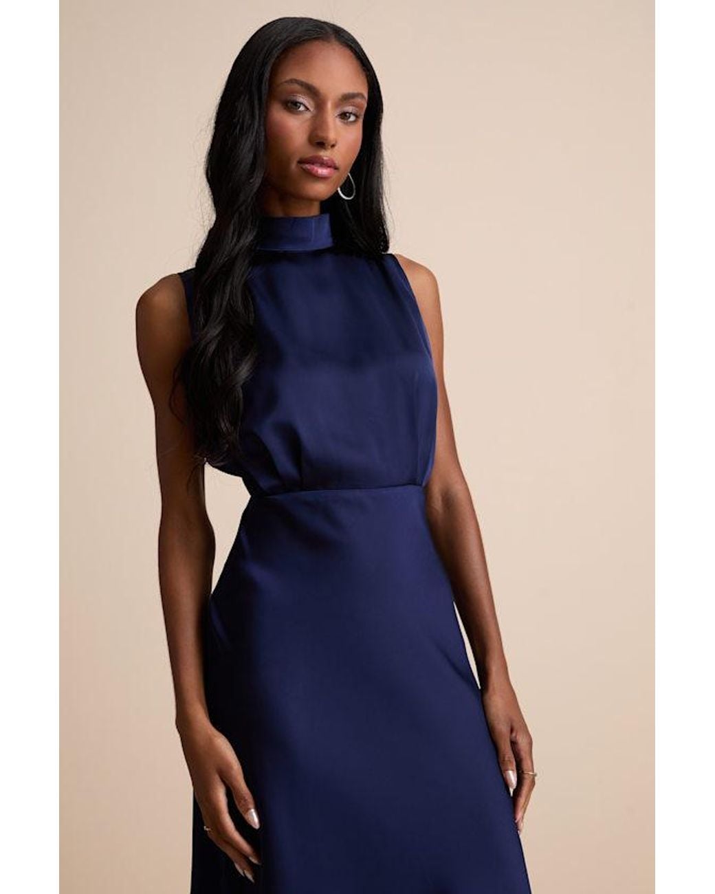 Lulus Blue Classic Elegance Satin Sleeveless Mock Neck Maxi Dress