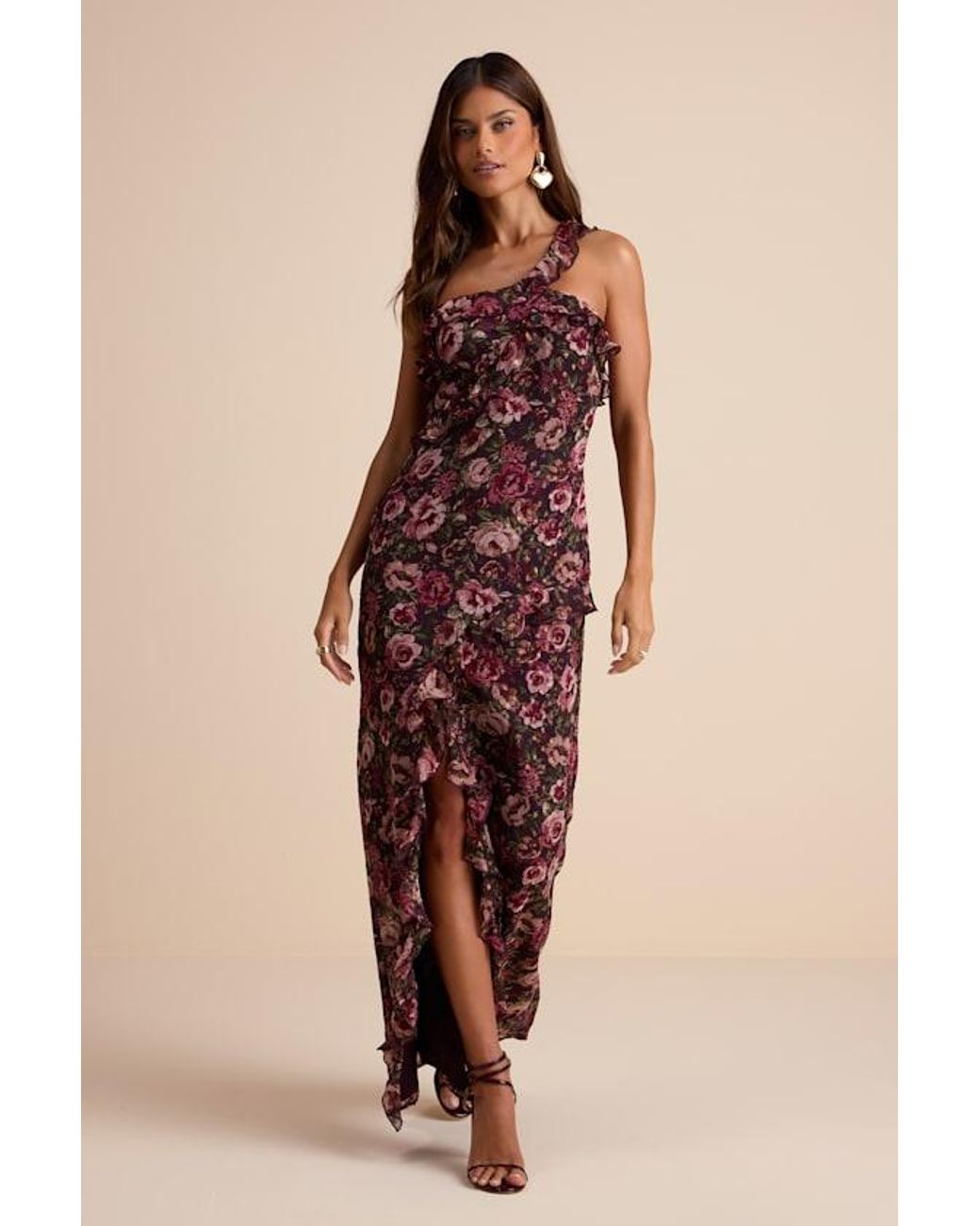 Lulus Natural Bonelle Plum Multi Floral Metallic Clip Dot Ruffled Maxi Dress