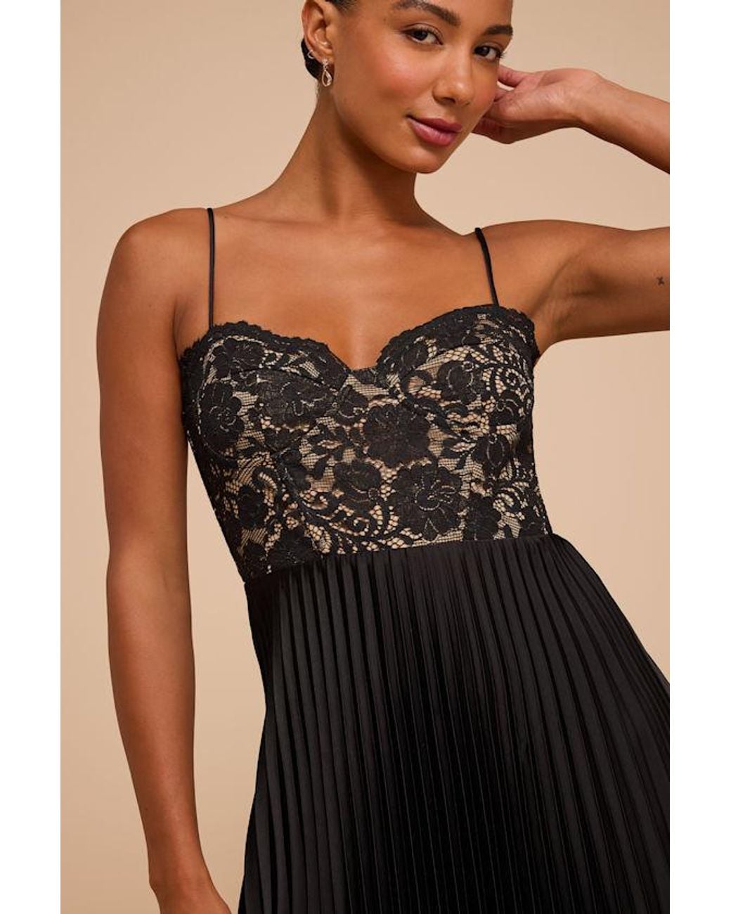 Lulus Black Shea Lace Pleated Midi Dress