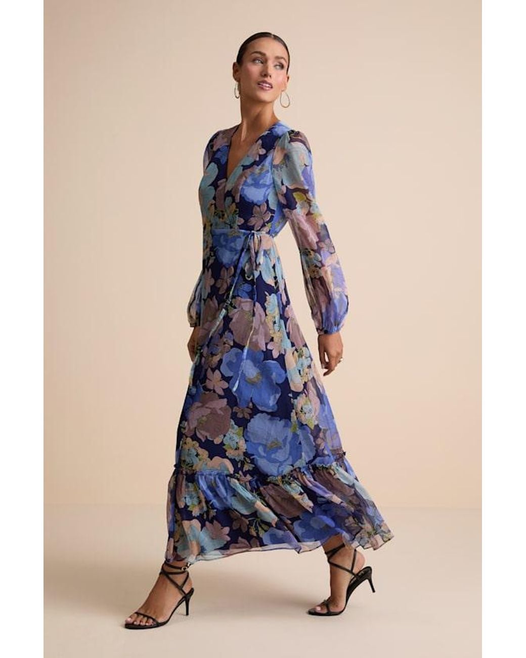 Lulus Blue Feeling Sweet Floral Print Long Sleeve Wrap Maxi Dress