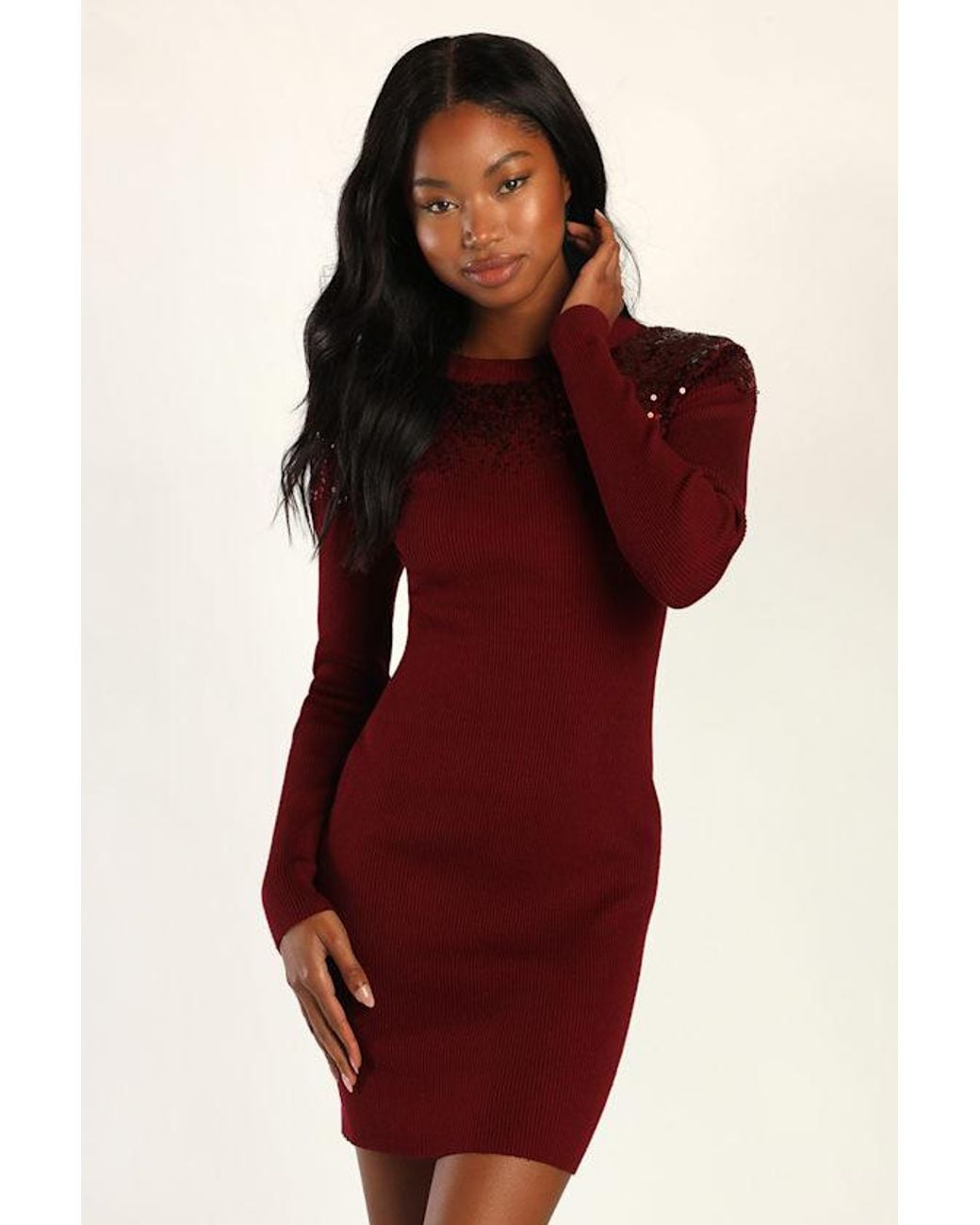 Lulus Red Snow Stopper Ribbed Sequin Mini Sweater Dress