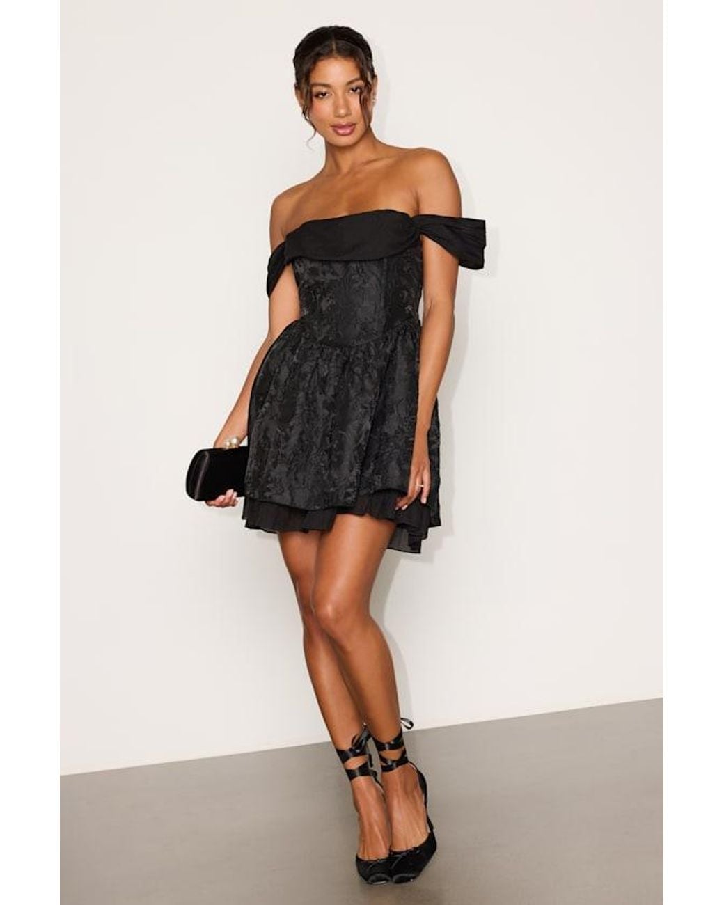 Lulus Black Kalara Jacquard Off-The-Shoulder Mini Dress