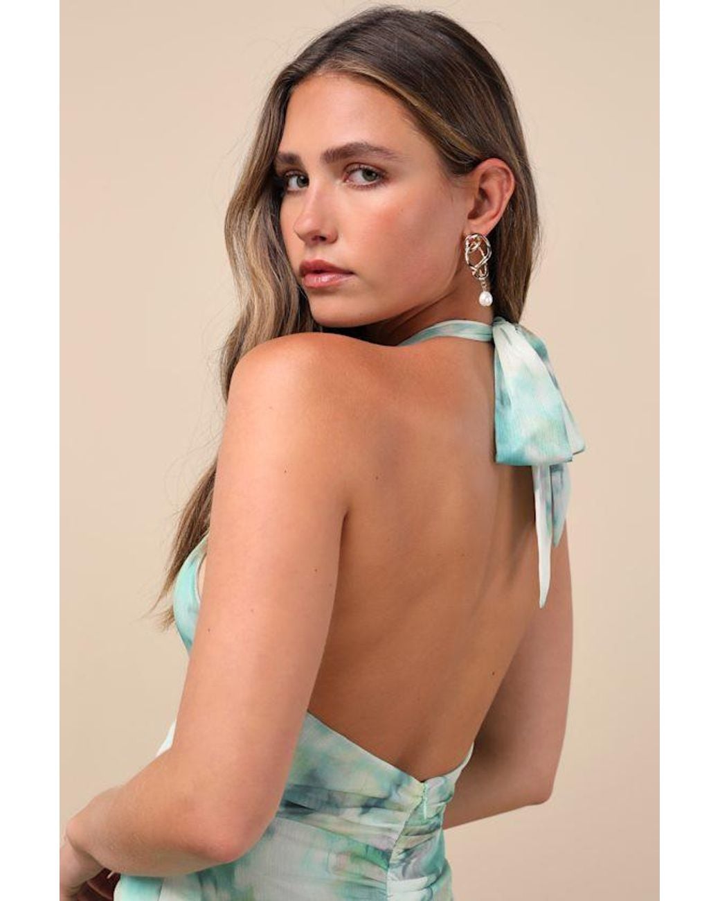 Lulus Green Febe Multi Abstract Halter Ruffled Midi Dress