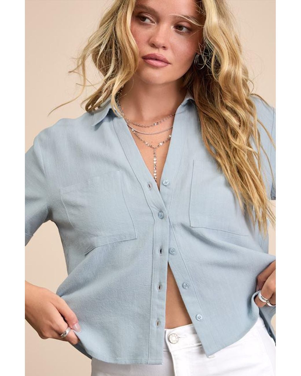 Lulus Blue Summer Escapades Linen Collared Button-Up Top