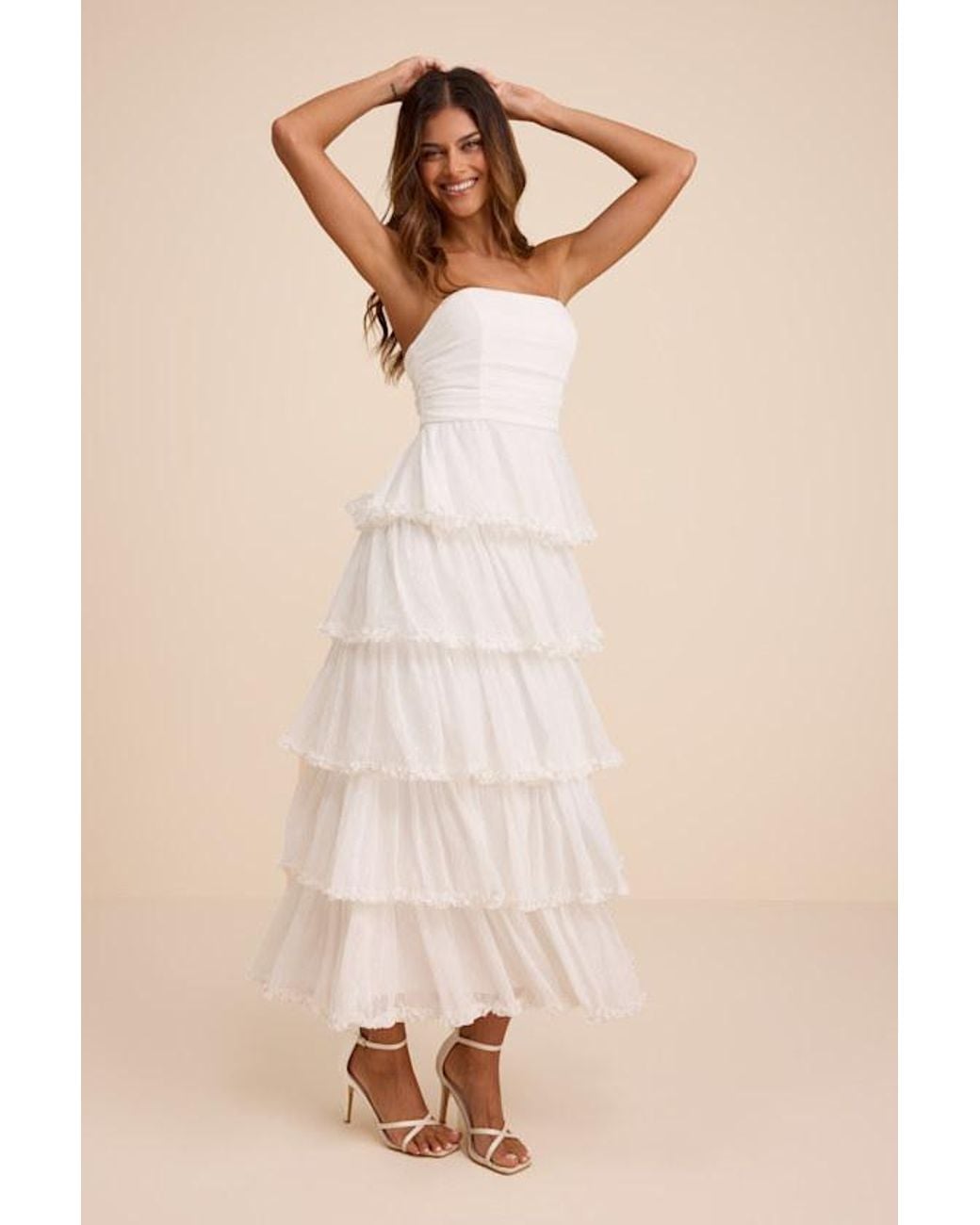 Lulus Natural Mianella Swiss Dot Tiered Maxi Dress