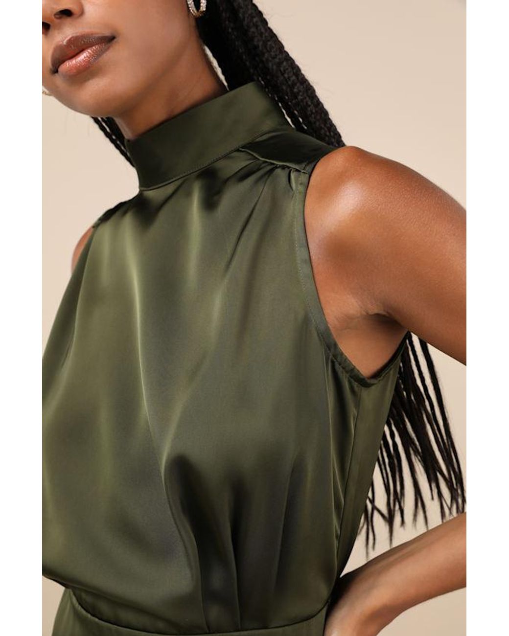 Lulus Green Classic Elegance Satin Sleeveless Mock Neck Mini Dress