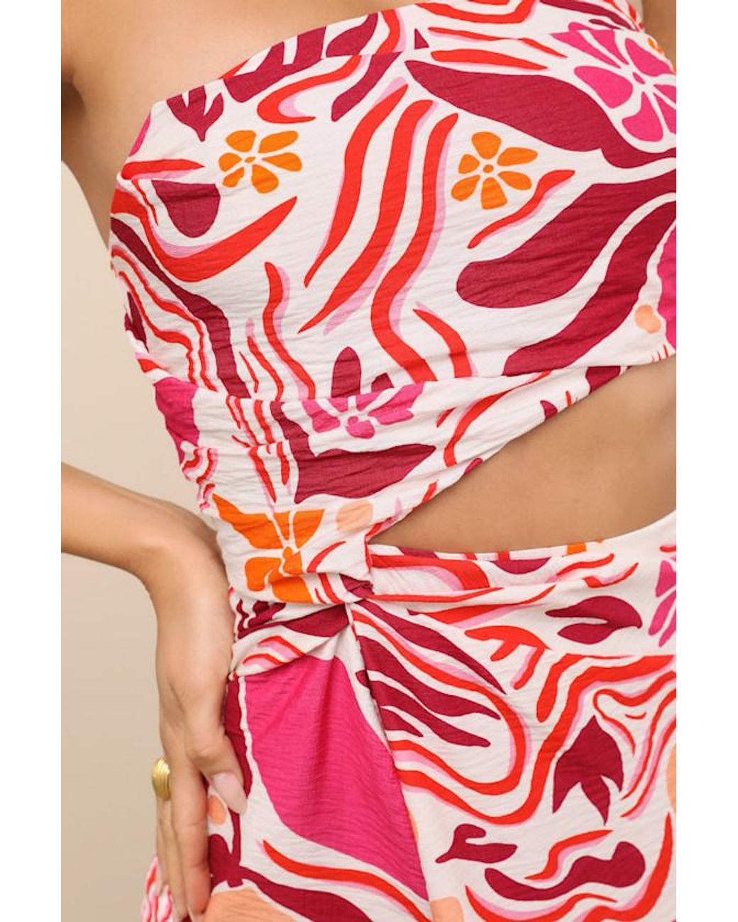 Lulus Pink Zisel And Floral Cutout Strapless Midi Dress
