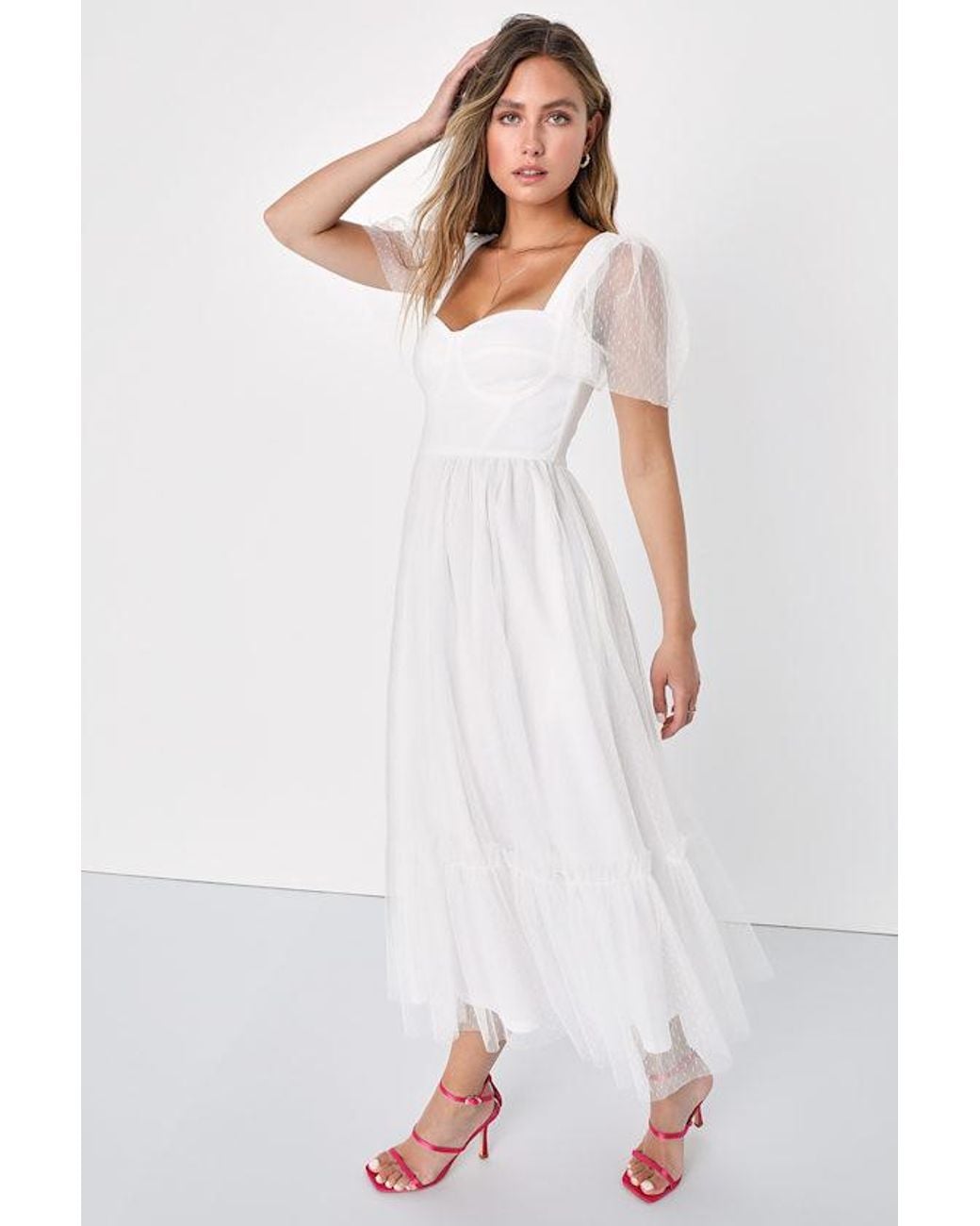 Lulus White Dreamy Celebration Tulle Bustier Swiss Dot Midi Dress