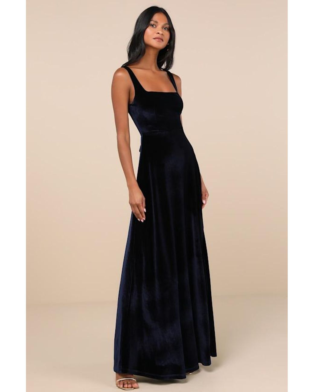 Lulus Blue Graceful Invite Velvet Square Neck Lace-Up Maxi Dress