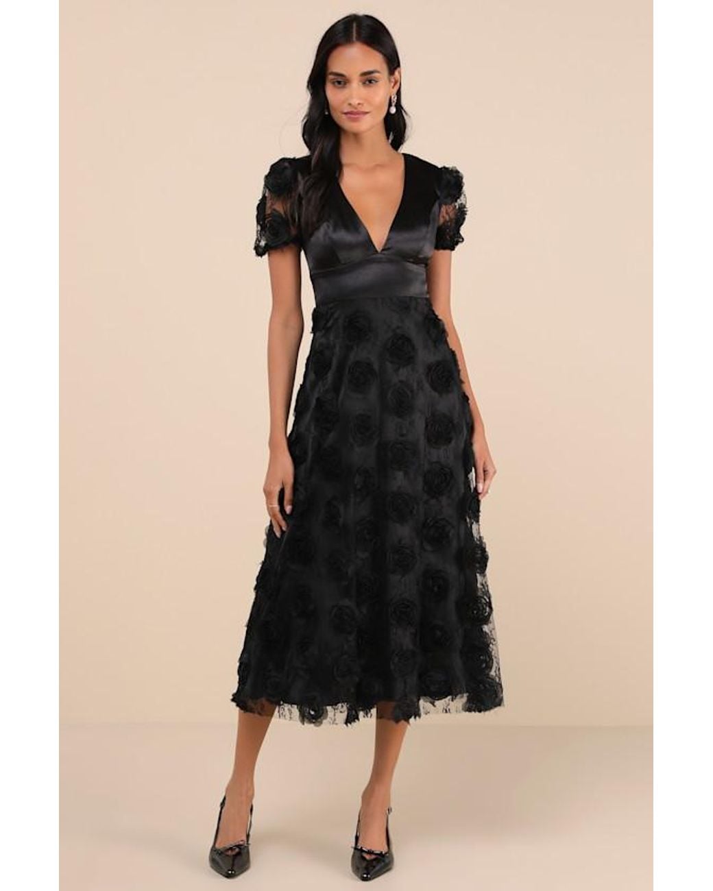 Lulus Black Gorgeous Elevation Lace Rosette Puff Sleeve Midi Dress