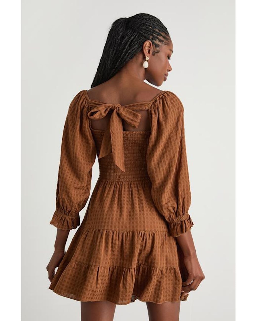Lulus Brown Charming Afternoon Gingham Balloon Sleeve Mini Dress