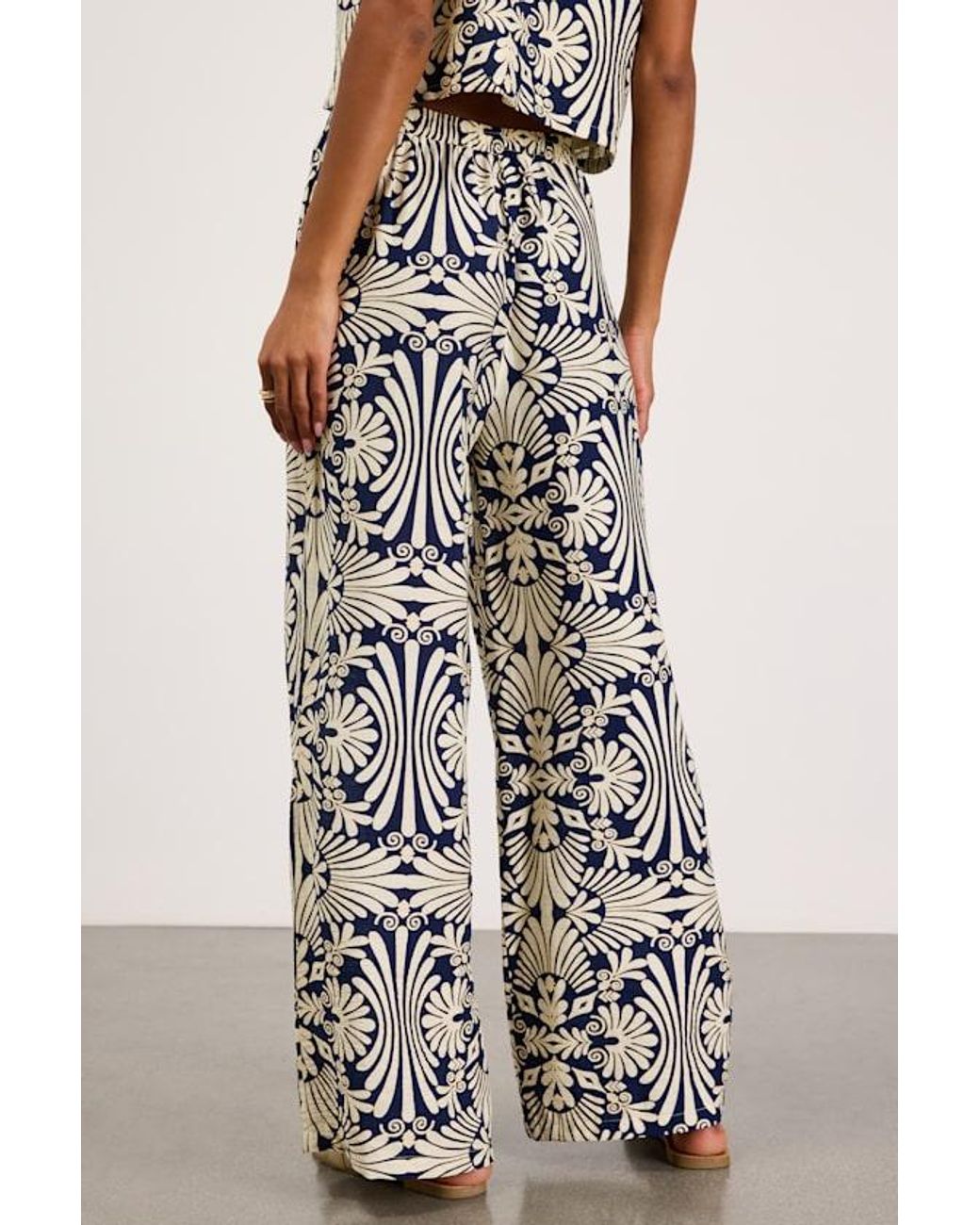 Lulus Blue Abril And Ivory Boho Print Wide-Leg Pants
