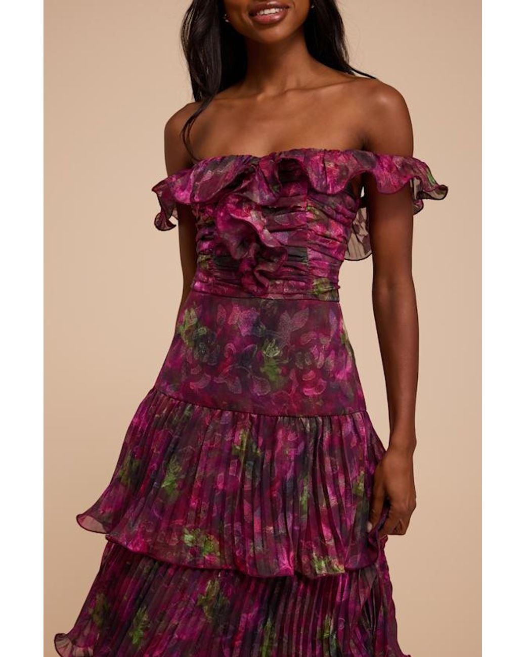 Lulus Red Krista Floral Off-The-Shoulder Midi Dress