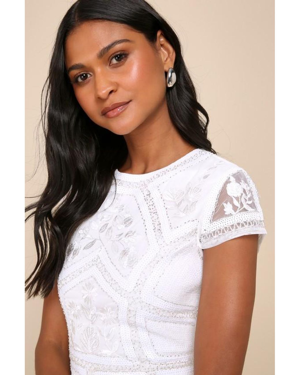 spread your shine white sequin embroidered bodycon dress Lulus in 58_Shirts_083126 Pink Jacquard Fall & Size:16