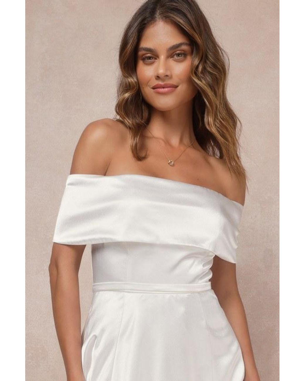 Lulus Natural Greatest Hits Satin Off-The-Shoulder Maxi Dress
