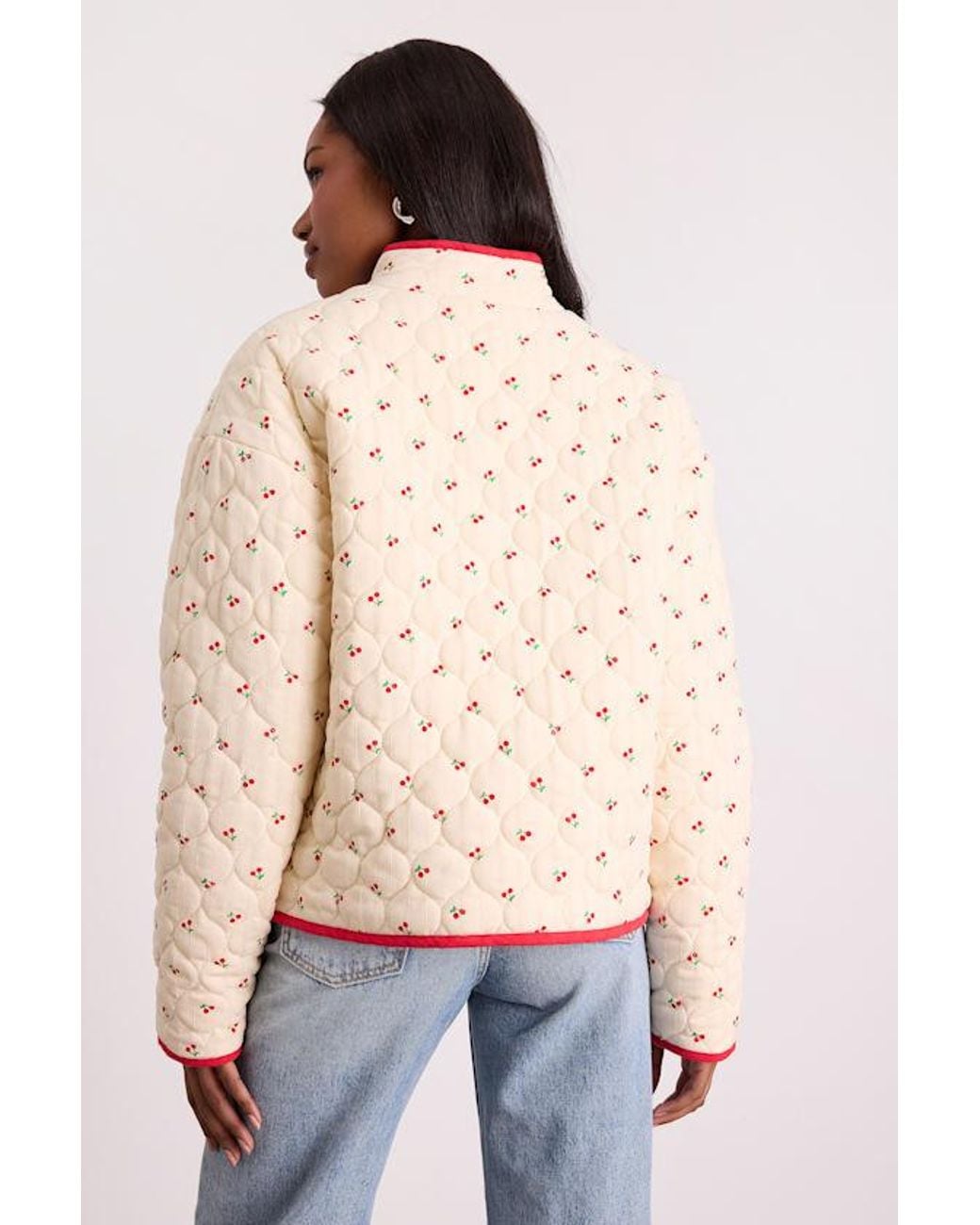 Lulus White Bundled Perfection Cream Cherry Print Quilted Puffer Jacket