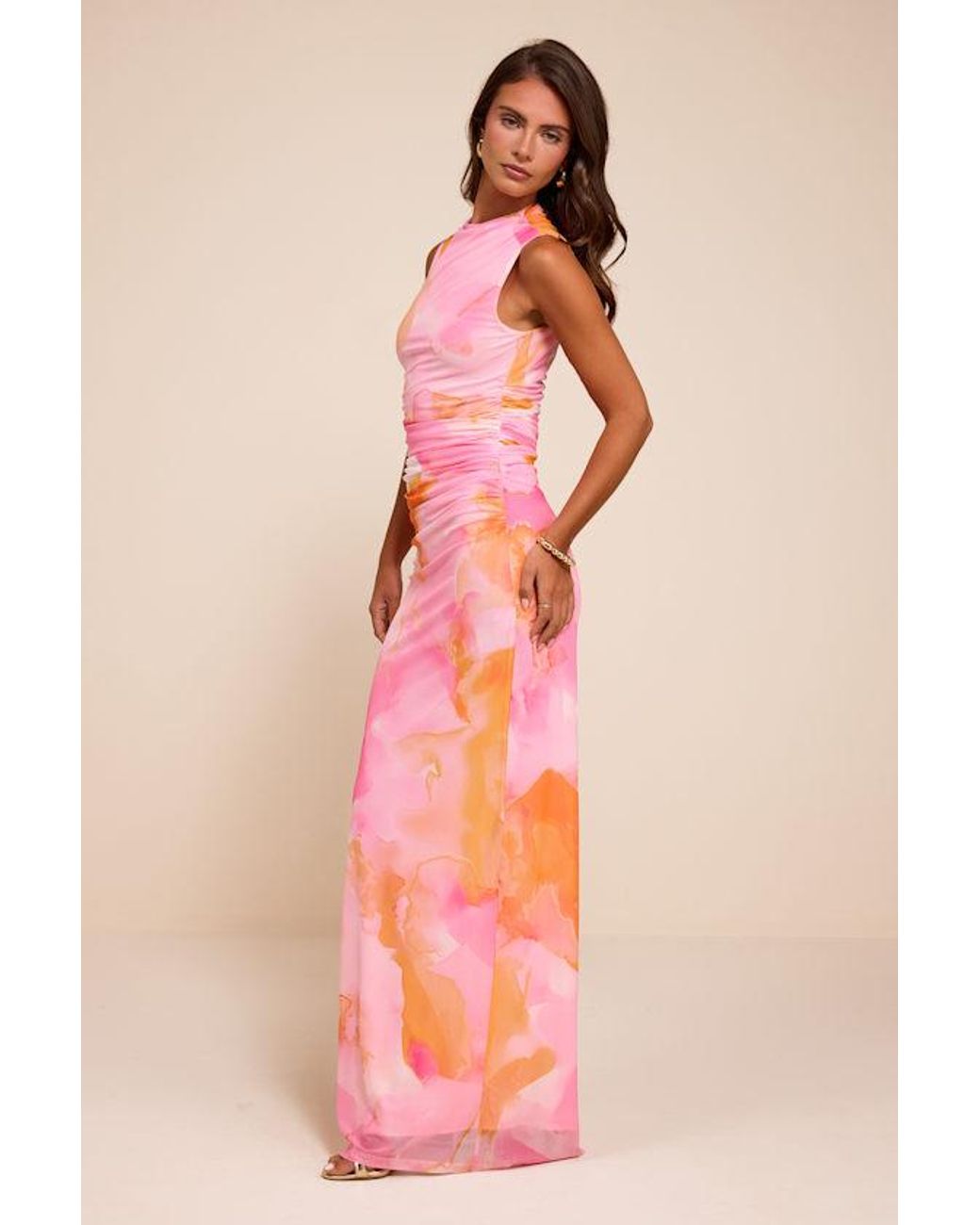 Lulus Pink Aldea Multi Mesh Mock Neck Maxi Dress