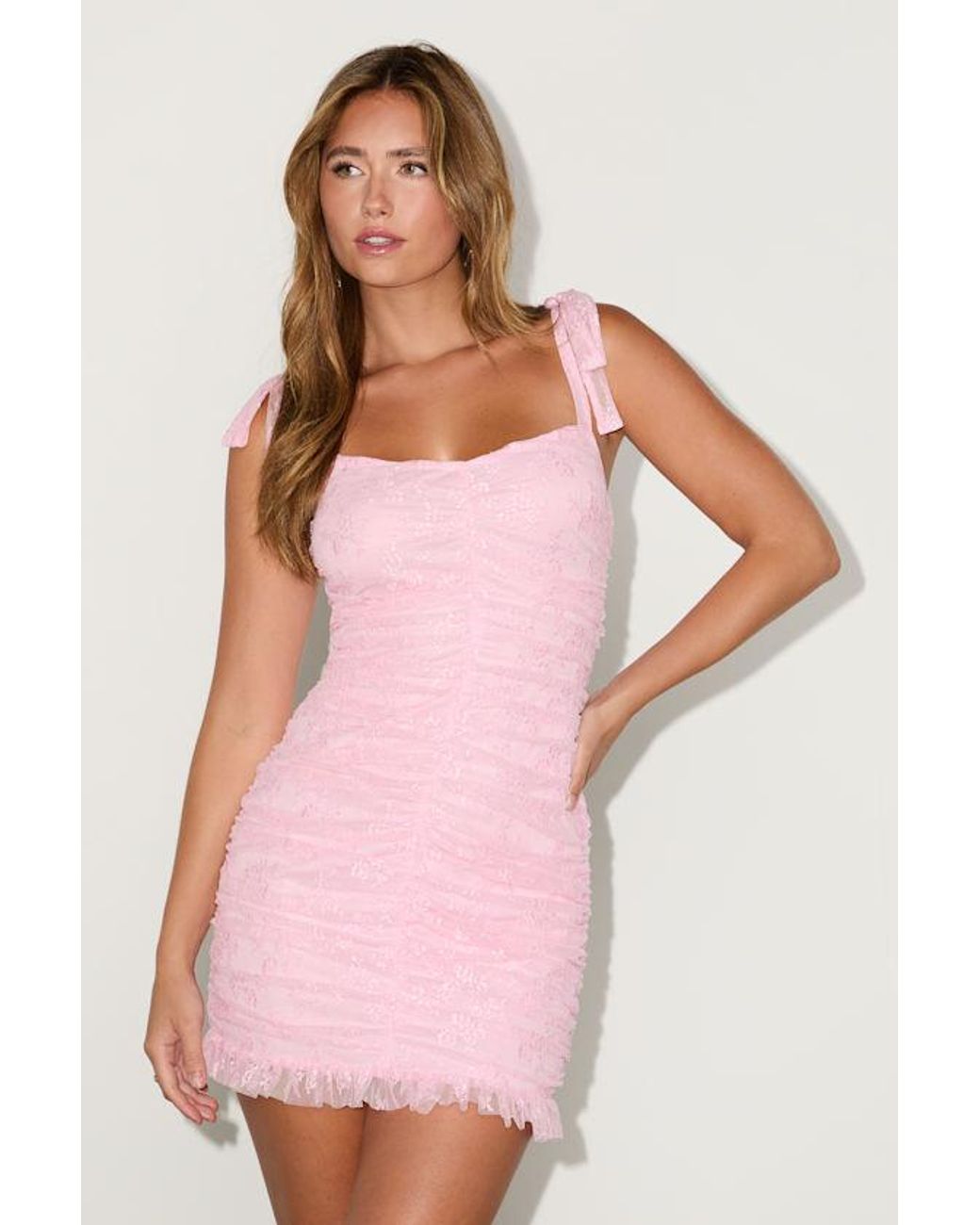 Lulus Pink Be Mine Forever Floral Lace Ruched Bodycon Dress