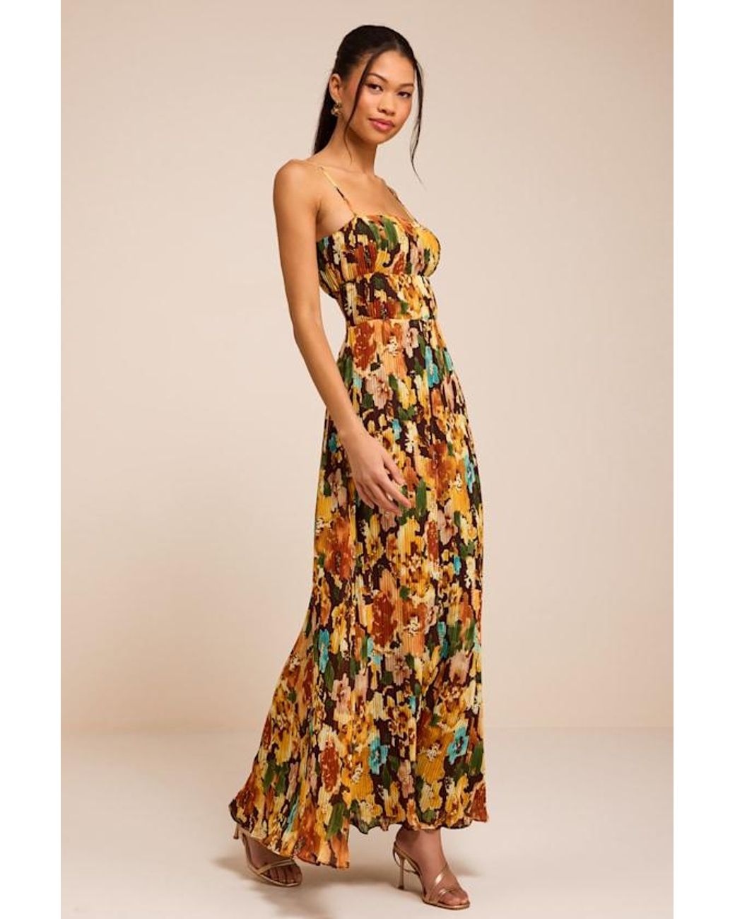 Lulus Natural Holloway Multi Floral Pleated Maxi Dress