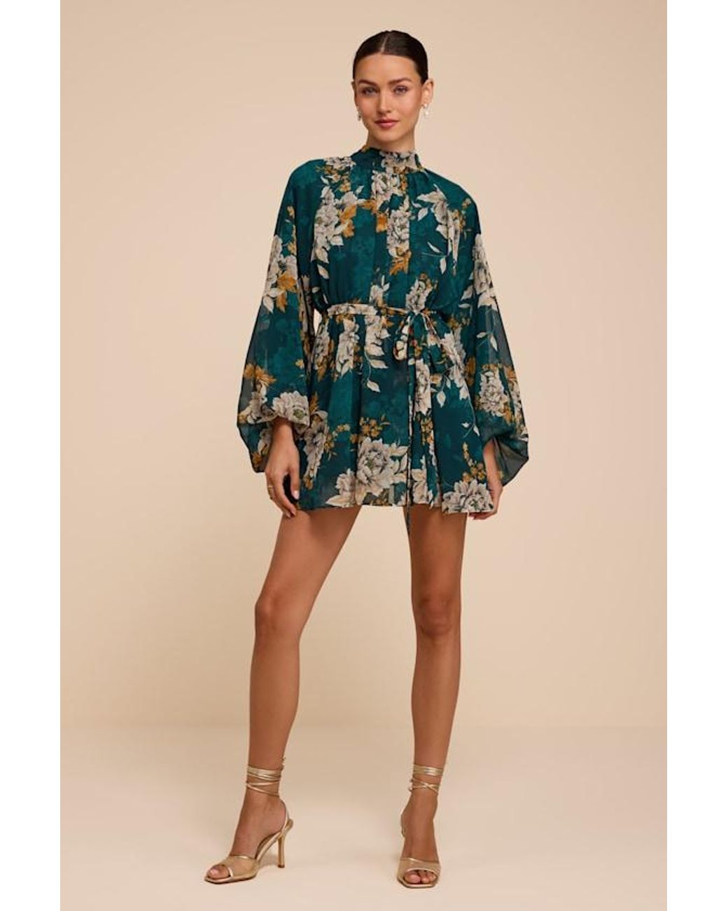 Lulus Green Lata Emerald Floral Mock Neck Belted Mini Dress