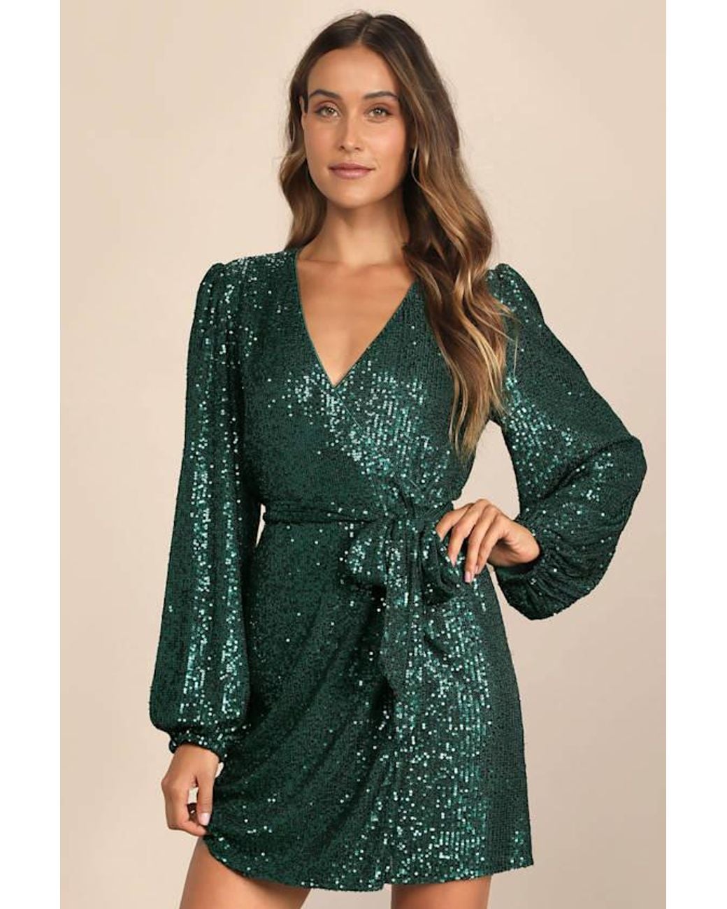 Lulus Green Sparkly Darling Sequin Long Sleeve Wrap Dress