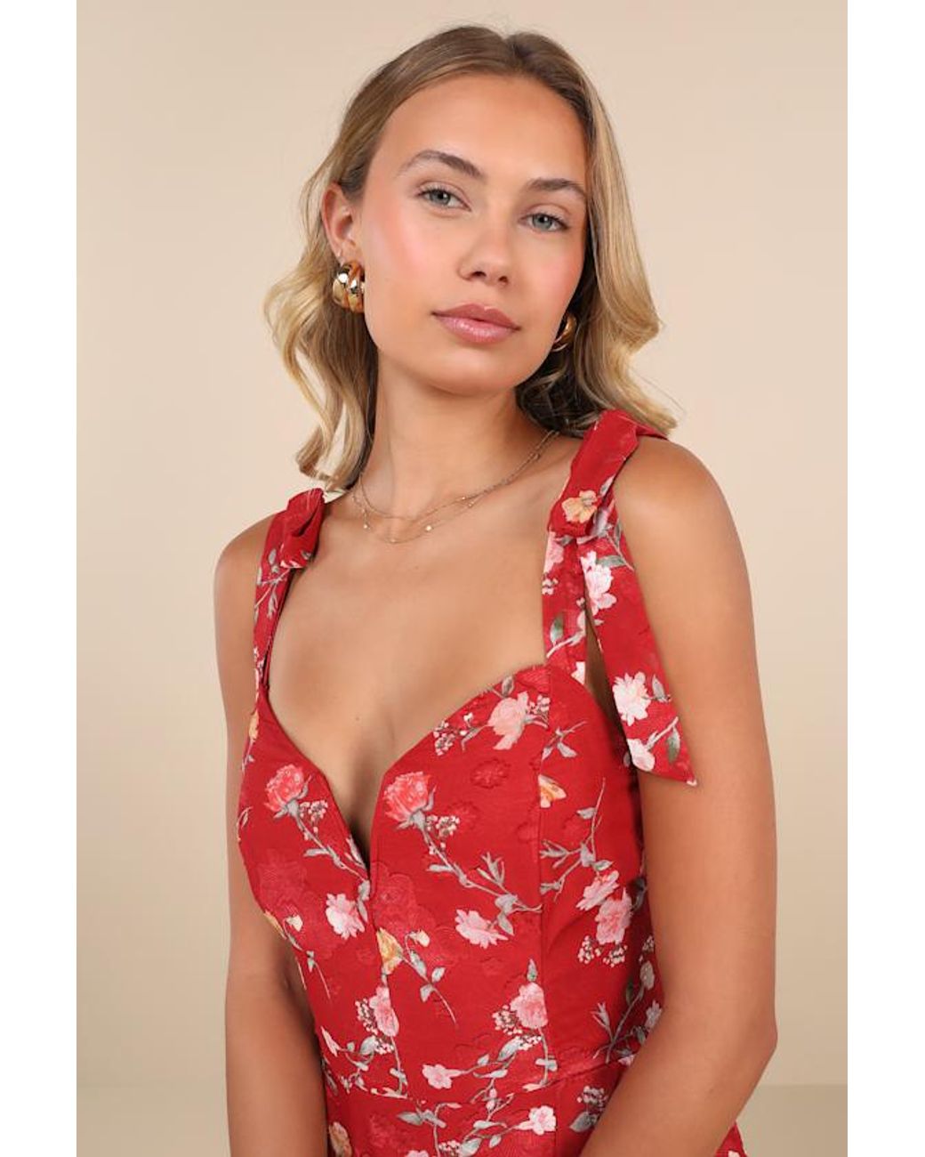 Lulus Red So Elevated Floral Jacquard Tie-Strap High-Low Midi Dress