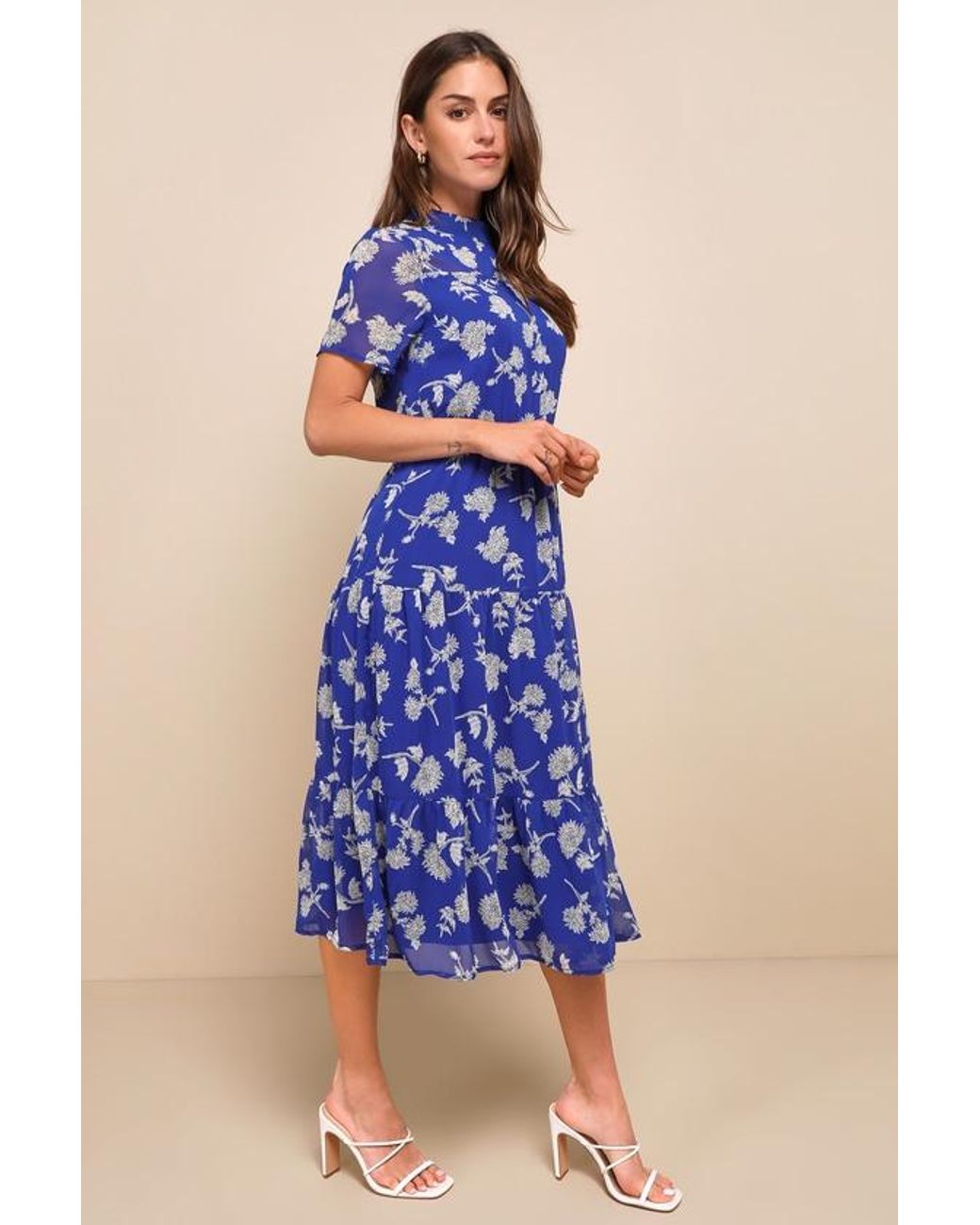 Lulus Blue Floral Dressed Up Floral Print Midi Dress