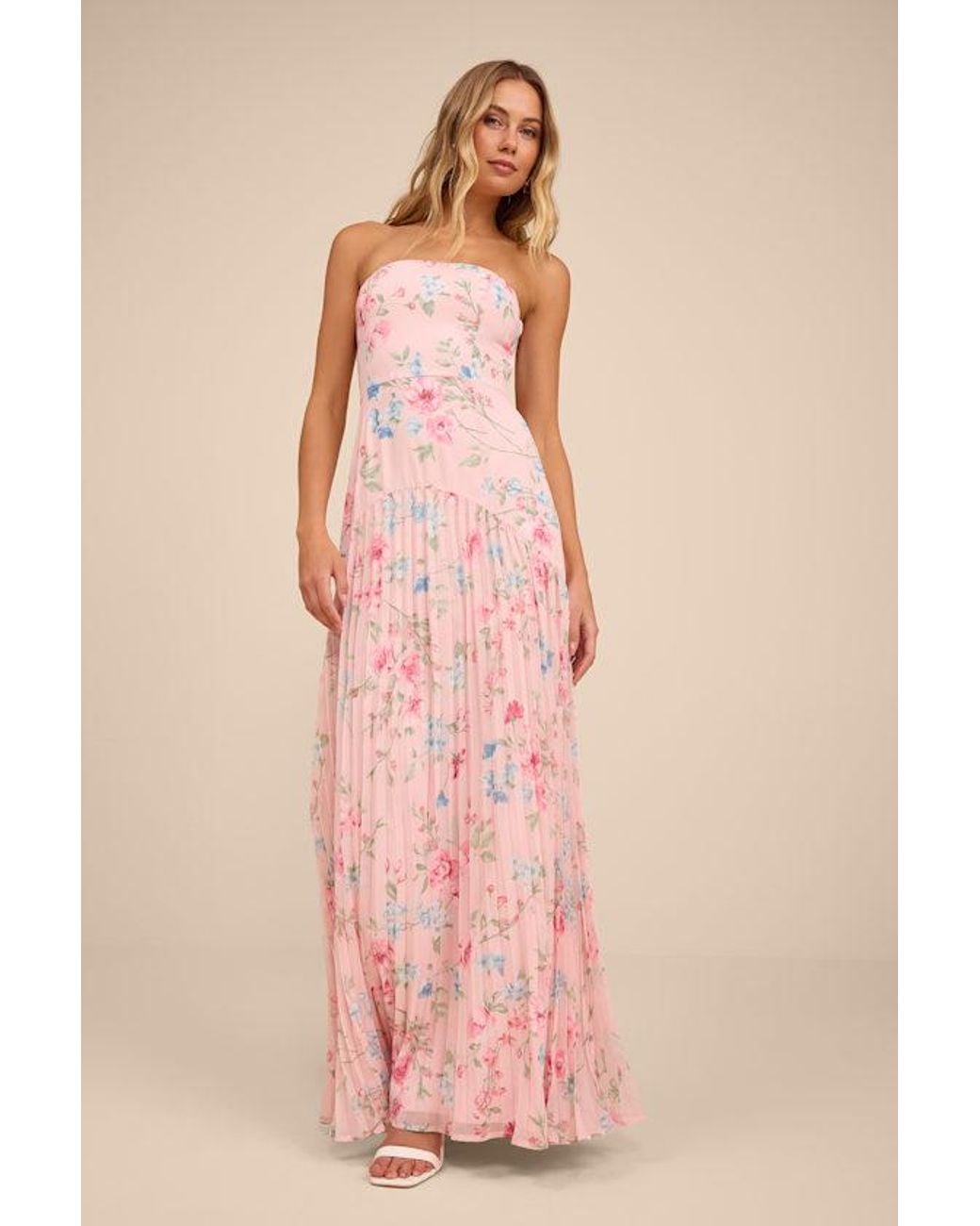Lulus Pink Celebratory Aesthetic Floral Pleated Strapless Maxi Dress