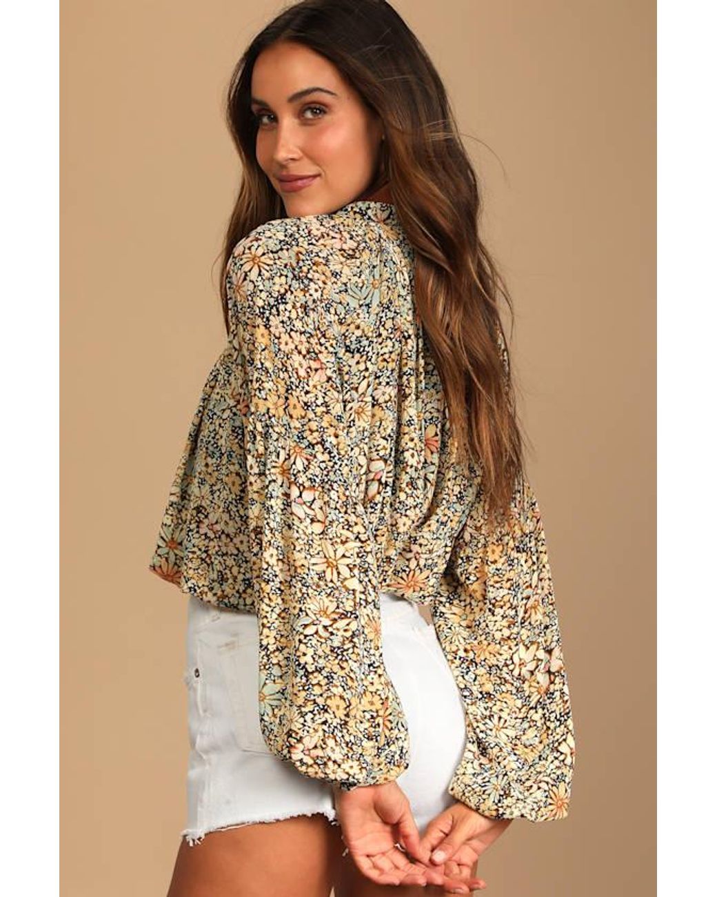 Lulus Natural Season Of Blooms Floral Print Balloon Sleeve Top